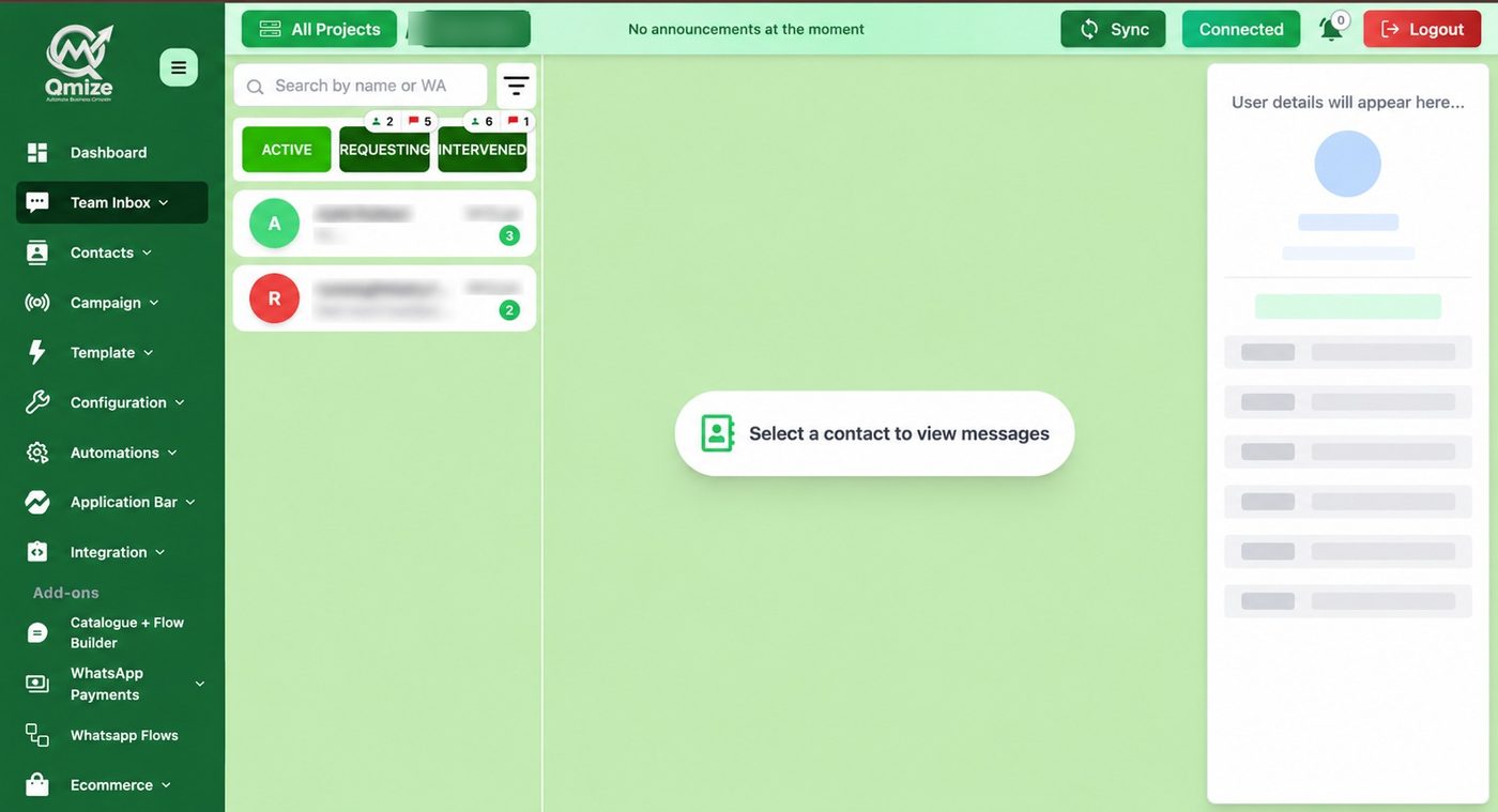 Qmize team inbox with active, requesting and intervened conversation queues