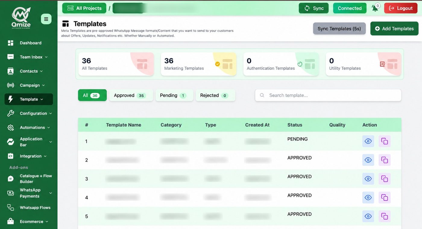Qmize template manager showing approved and pending WhatsApp message templates